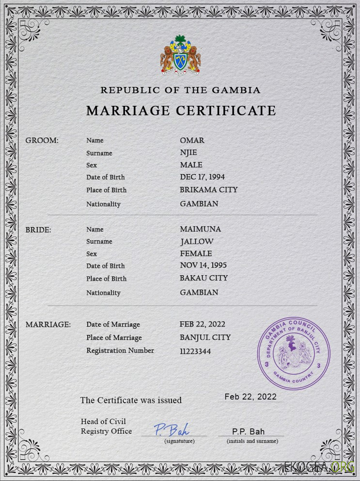 Modèle PSD de certificat de mariage en Gambie